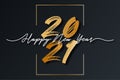 2021 New Year script text with frame. Happy New Year and Merry Christmas lettering for holiday card and celebration design. Vector